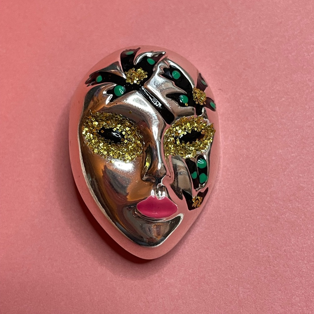 Vintage Pietro Sorini Sterling Silver Embellished Harlequin Mask Brooch Pin